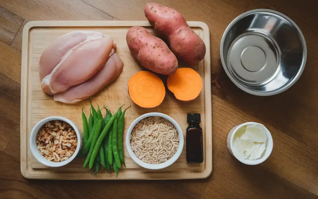 Ingredients for a homemade dog pancreatitis diet spread on a kitchen counter.