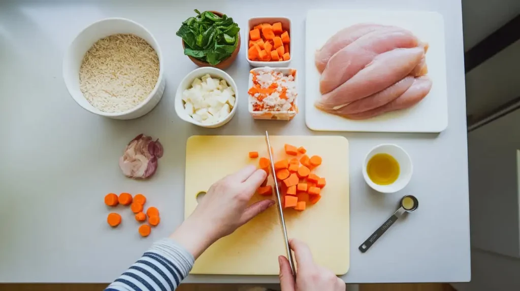 A pet owner preparing a homemade kidney-friendly dog meal.