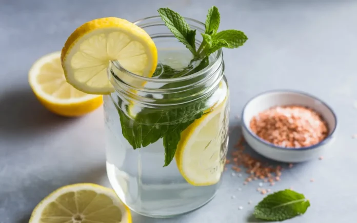 A refreshing homemade electrolyte drink with lemon, salt, and water for fasting.