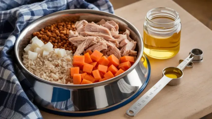 A bowl of freshly prepared homemade kidney-friendly dog food.