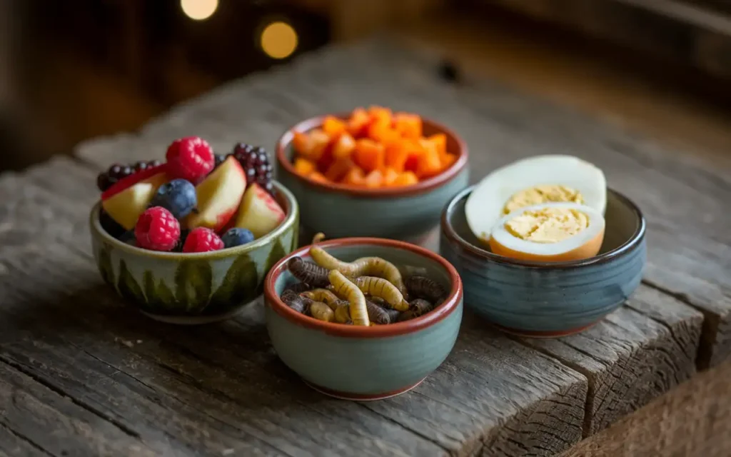 A homemade sugar glider meal served in small ceramic bowls