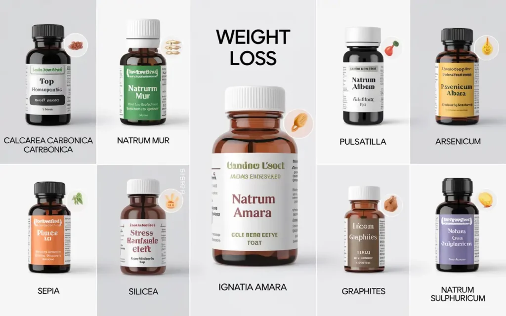 Homeopathy medicine for weight loss with natural remedy bottles