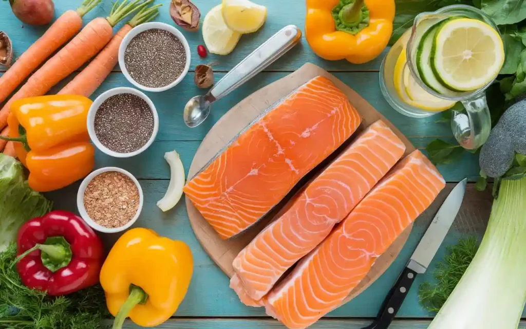 A table filled with hormone-friendly foods, including nuts, seeds, fish, and greens.
