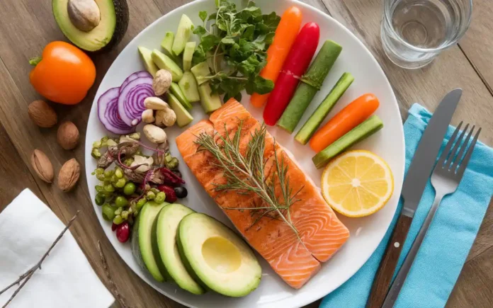 A colorful plate of fresh vegetables and healthy fats promoting the hormone diet.