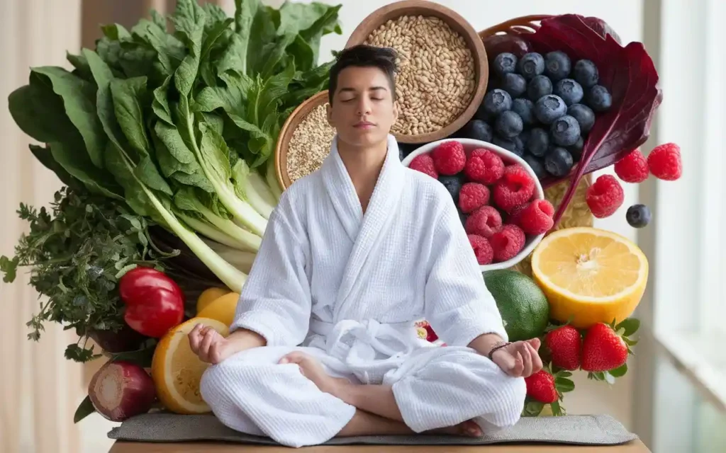 A person meditating near fresh produce to symbolize a hormone-healthy lifestyle.
