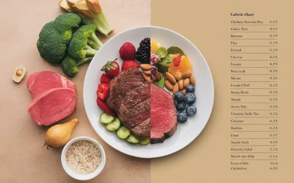 A split-screen of a balanced hormone diet plate and a restrictive calorie-counting chart.
