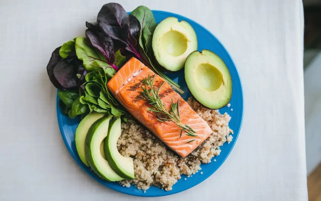 A plate of nutrient-dense foods, including salmon, avocado, quinoa, and leafy greens.