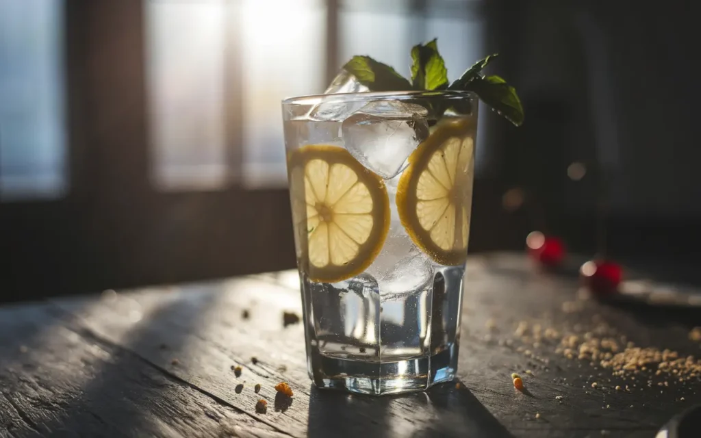 A glass of water with lemon slices and mint leaves to stay hydrated during fasting.