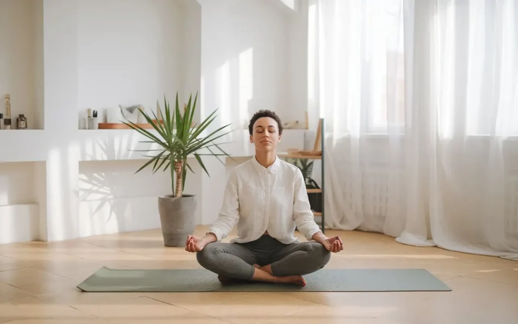 A person practicing mindfulness meditation to manage hunger while fasting.