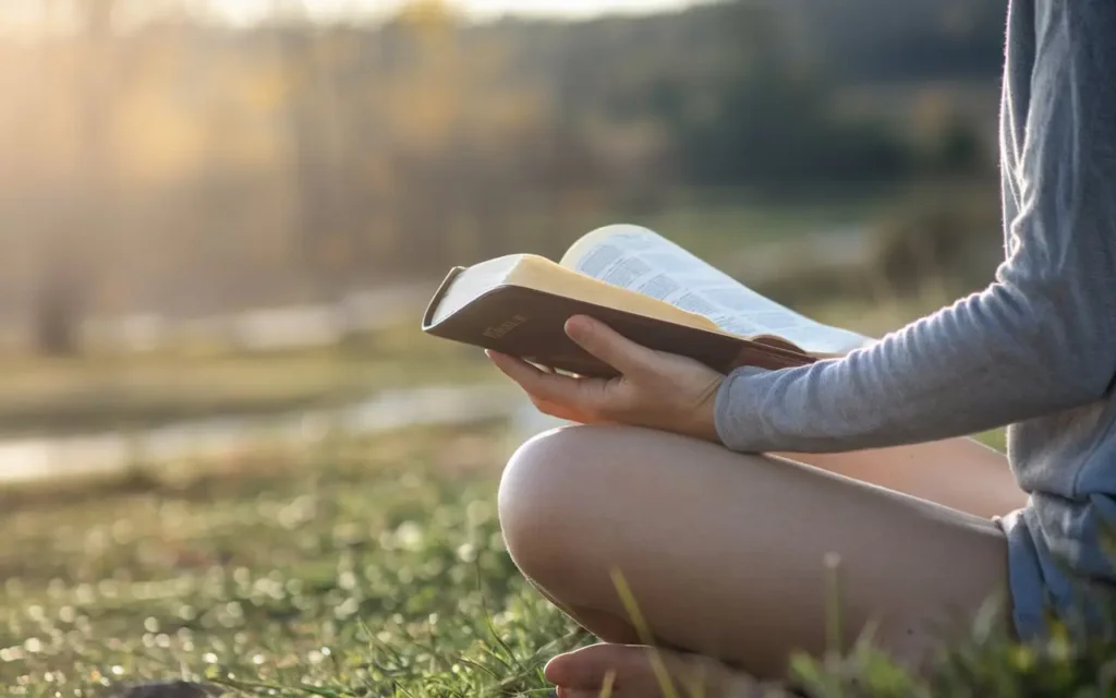 A believer meditating during a fast with a Bible in hand.