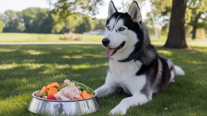 A healthy husky enjoying a balanced meal outdoors.