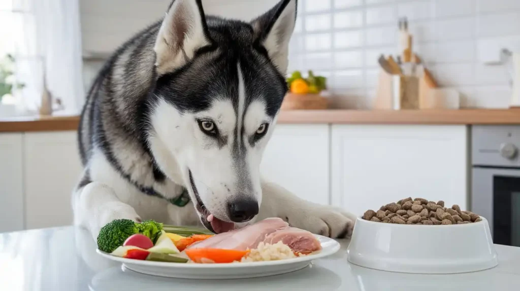 A comparison between homemade and commercial dog food for huskies.