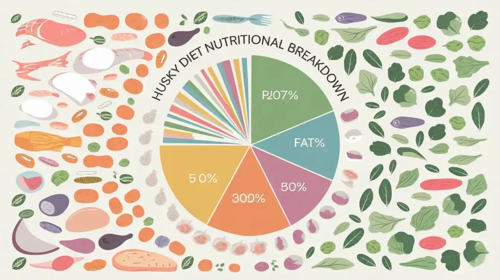 A nutrition chart for a husky diet with protein, fats, and carbs.