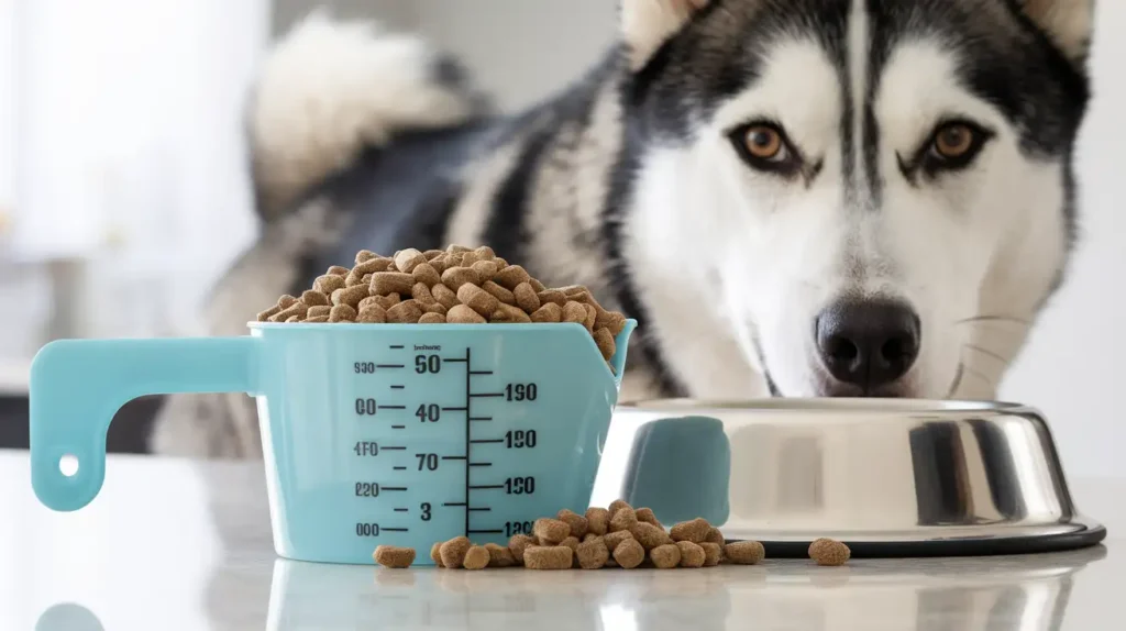 A measuring cup with dog food to highlight portion control.