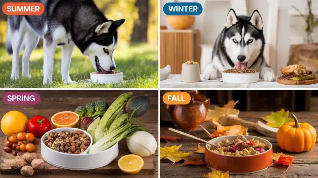 A husky enjoying different meals for seasonal feeding.