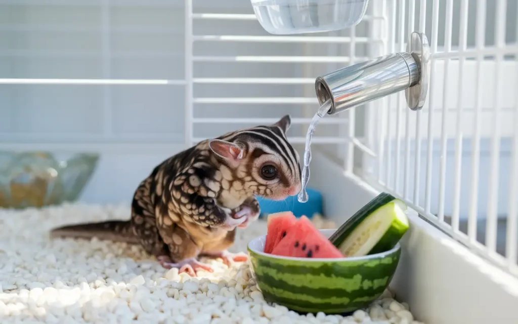 A sugar glider drinking water from a small bottle with a bowl of fresh fruits nearby