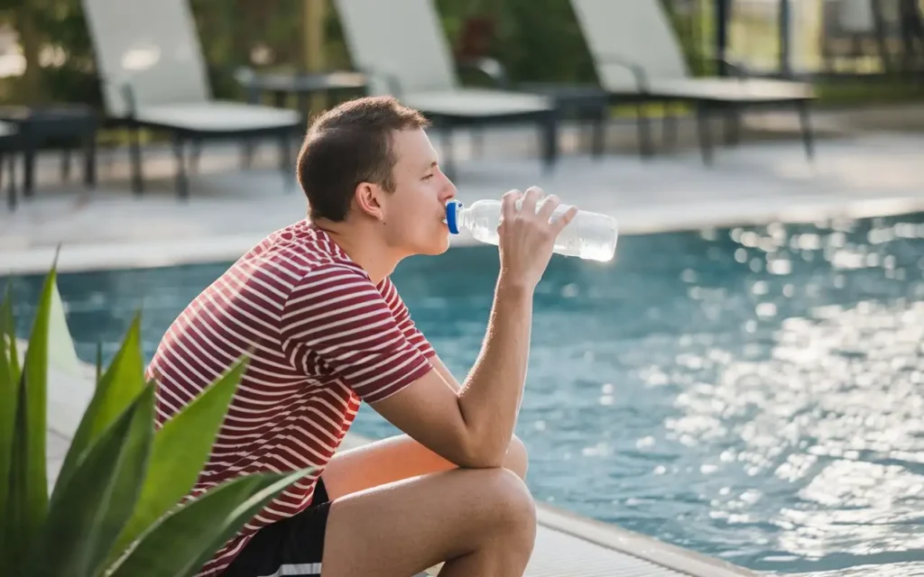 A swimmer hydrating with a bottle of water poolside.