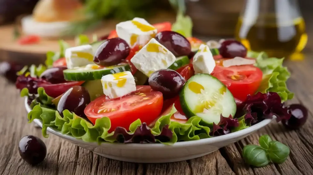 A close-up of a Greek salad with olives, tomatoes, cucumbers, feta cheese, and olive oil.