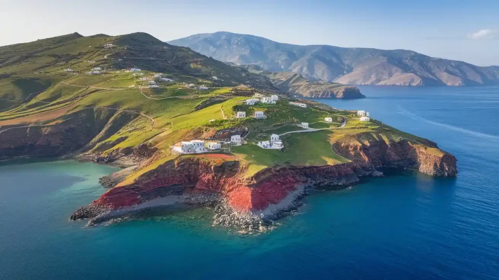 A serene view of the island of Ikaria with lush greenery and a traditional Greek village.