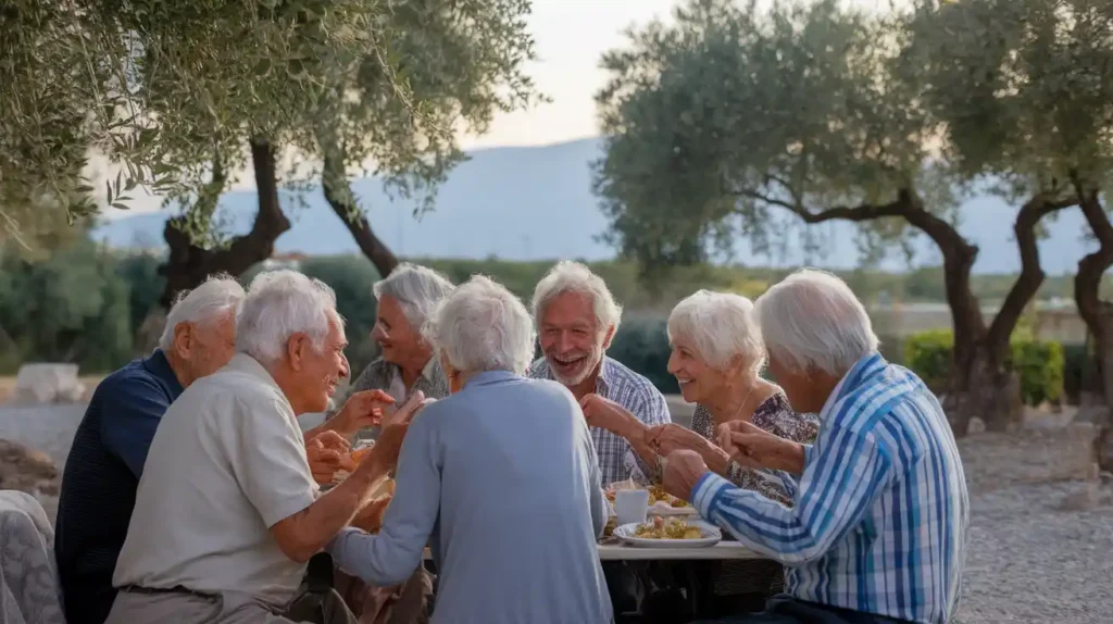 Elderly Ikarians enjoying a meal together outdoors with laughter and community