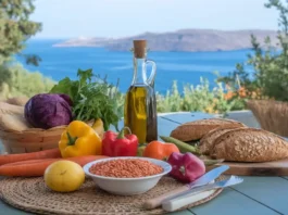 An image of a traditional Greek meal featuring fresh vegetables, olive oil, and whole grains, representing the Ikaria Greece Diet.