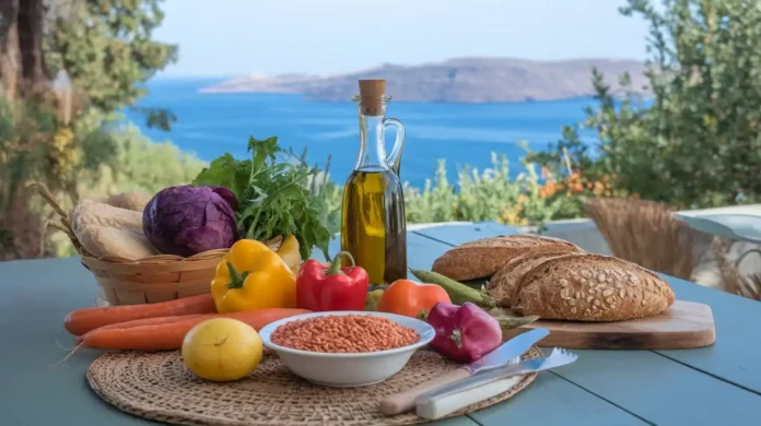 An image of a traditional Greek meal featuring fresh vegetables, olive oil, and whole grains, representing the Ikaria Greece Diet.