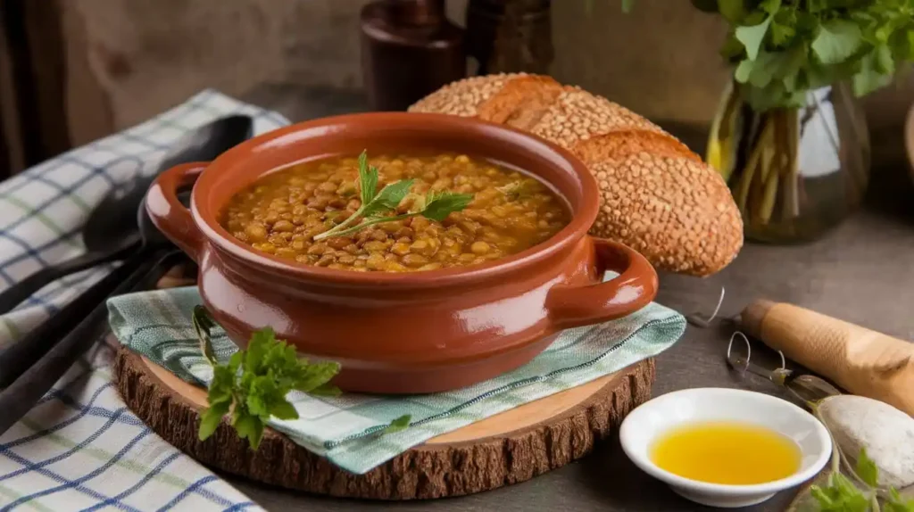 A traditional Greek dish like lentil soup served in a rustic clay bowl.