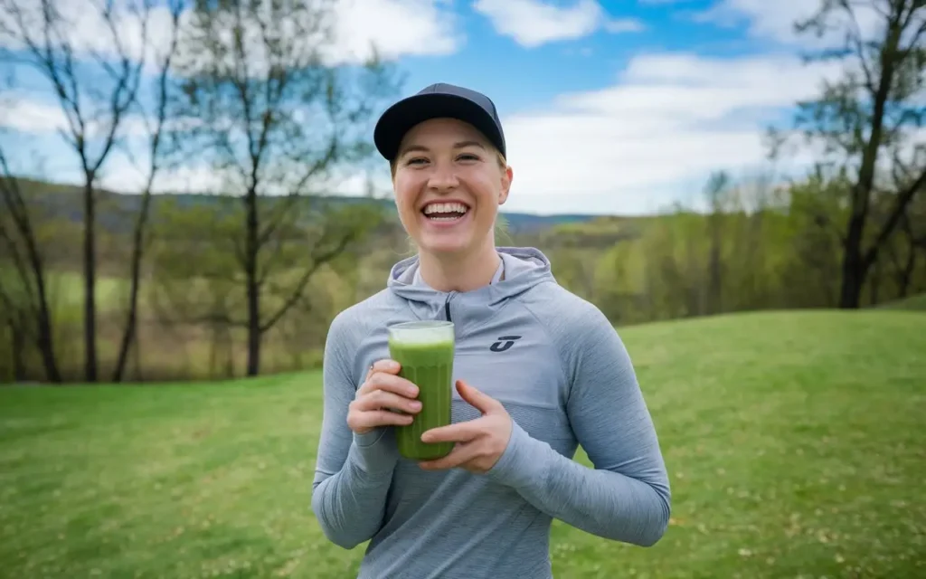 A happy, active person holding a smoothie, representing the benefits of the Immudi Diet.
