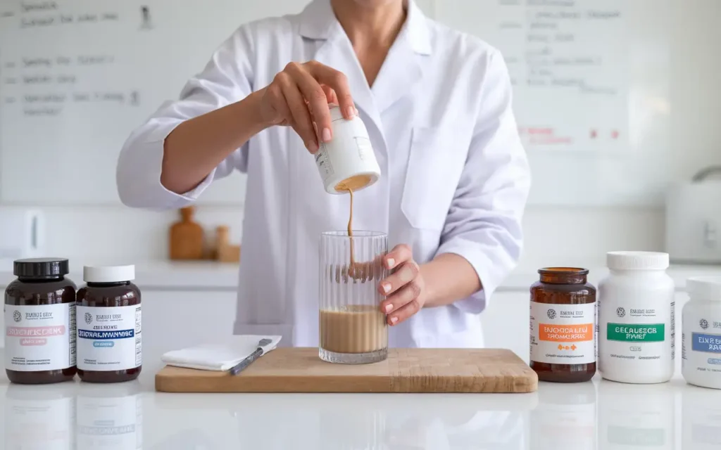 A healthcare professional preparing a physicians elemental diet formula for a patient.
