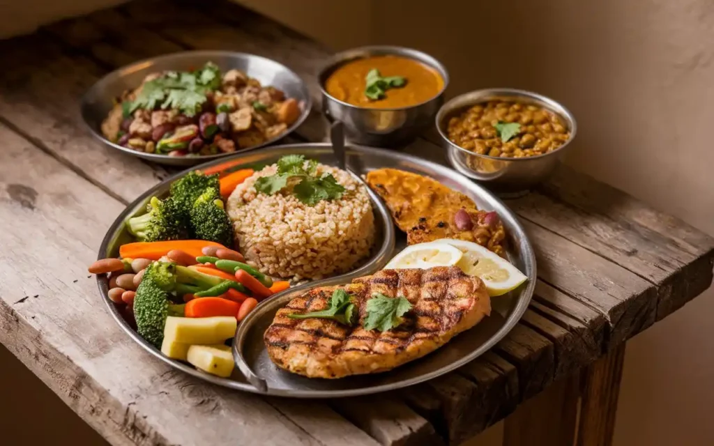 Balanced traditional Indian meals for weight loss including whole grains, vegetables, and lean proteins.
