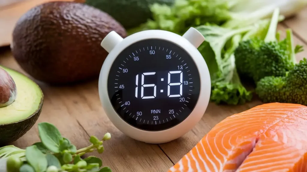 A digital timer showing a fasting window with healthy foods in the background.