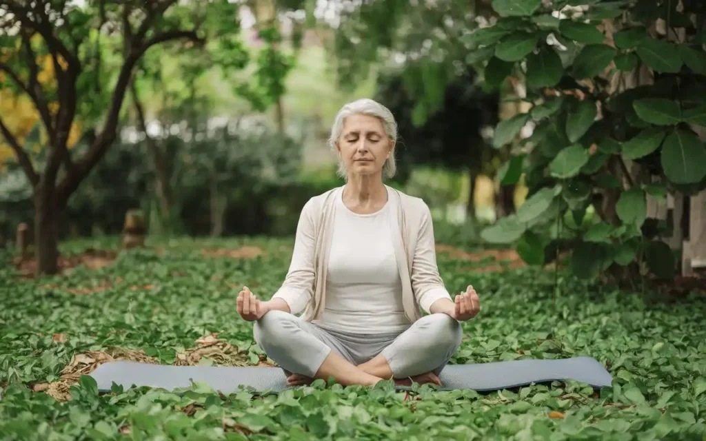 A senior woman meditating outdoors, highlighting the benefits of intermittent fasting for seniors.