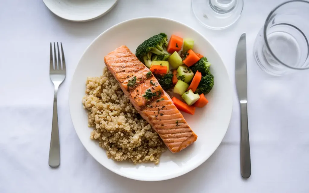 A senior-friendly meal featuring grilled salmon, quinoa, and steamed vegetables.
