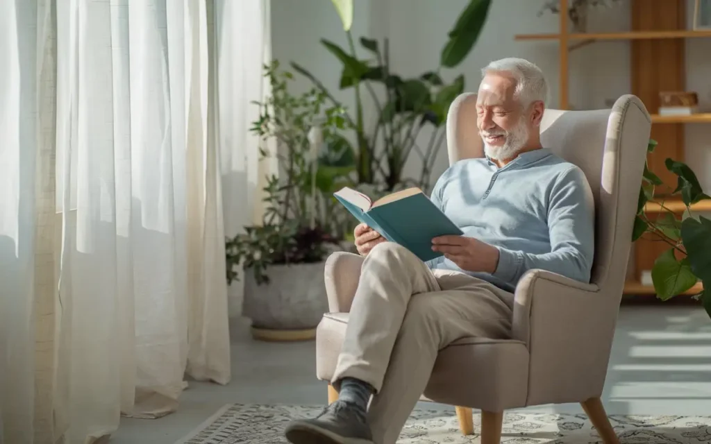 A senior man reading a book and smiling, symbolizing mental clarity from intermittent fasting.
