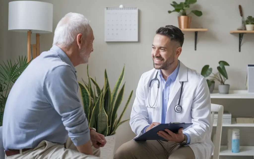 A senior consulting a doctor about intermittent fasting.
