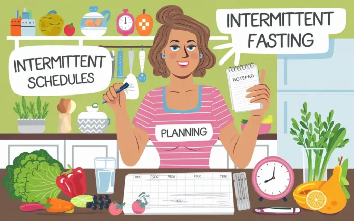 A vibrant illustration of a woman planning intermittent fasting PCOS strategies with a notepad and healthy food options