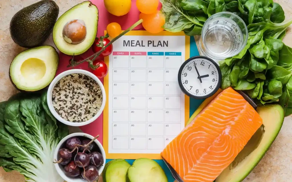 A flat-lay photo of a PCOS-friendly meal plan with healthy food items