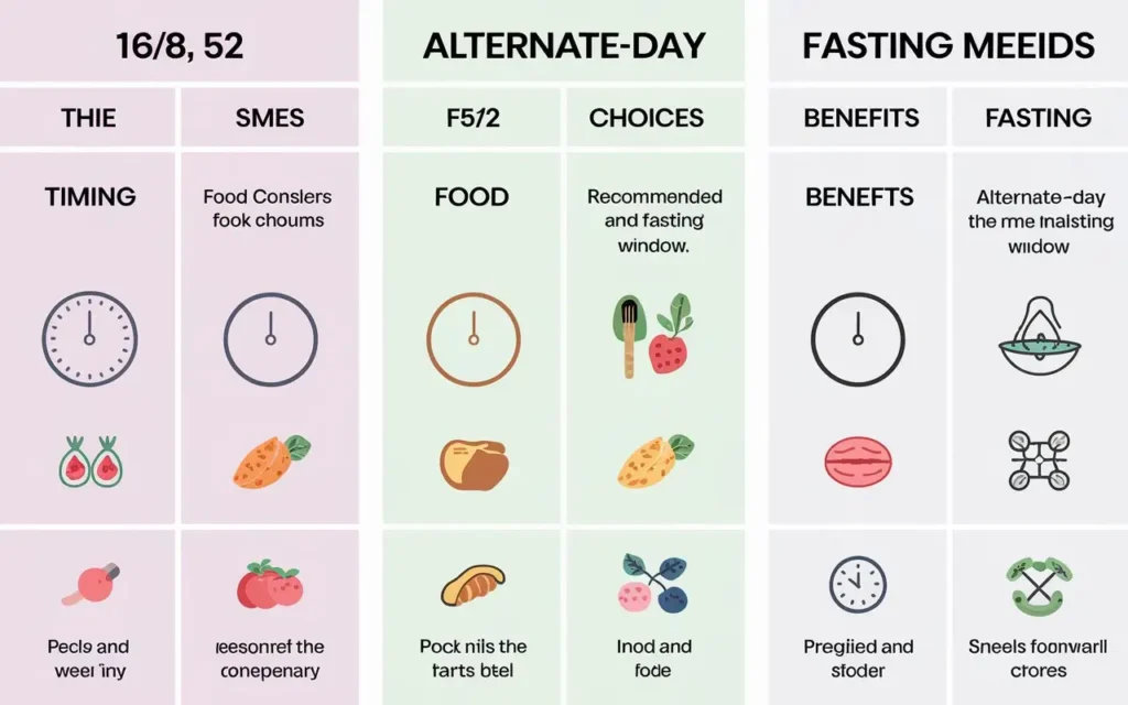 A comparison chart of different intermittent fasting PCOS methods.