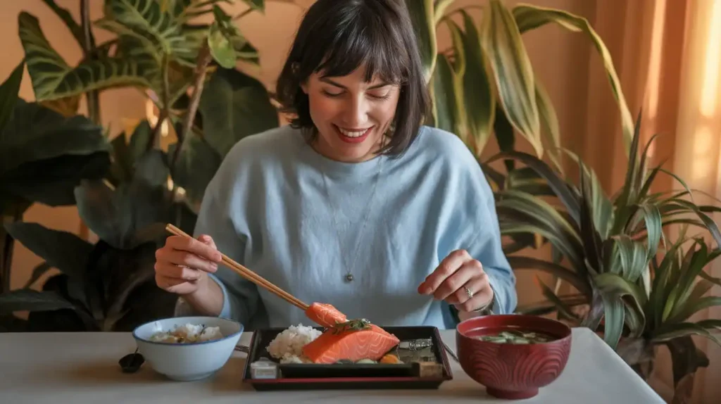 A smiling woman enjoying a healthy Japanese-inspired meal, showcasing the benefits of the Japanese diet plan.