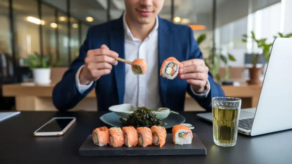 A young professional enjoying a Japanese-inspired meal at work, adapting the diet to a busy lifestyle.