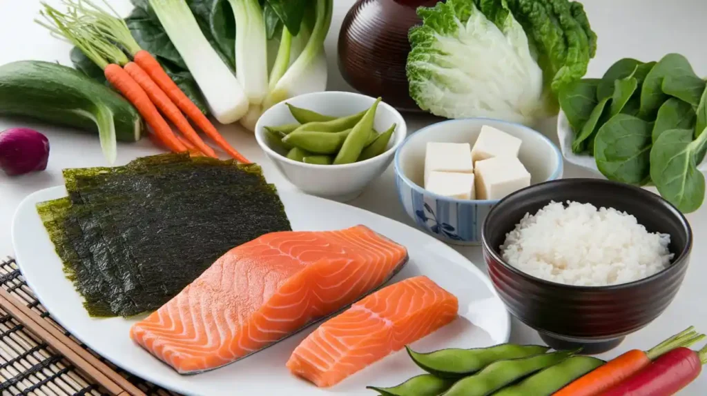 A variety of Japanese diet foods like seaweed, fish, tofu, rice, and vegetables