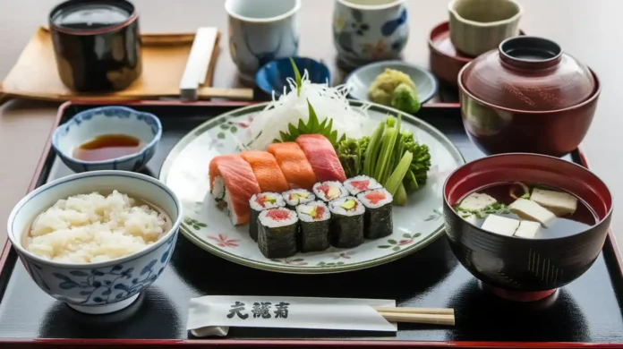 A vibrant traditional Japanese meal featuring sushi, miso soup, rice, and fresh vegetables