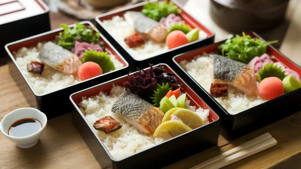 Prepared Japanese diet meals in bento boxes, featuring balanced portions of rice, fish, and vegetables