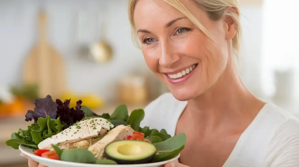 A smiling woman holding a plate of nutritious food, showcasing the Joan MacDonald Diet.