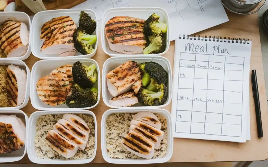 A meal prep table with containers of healthy, balanced meals.
