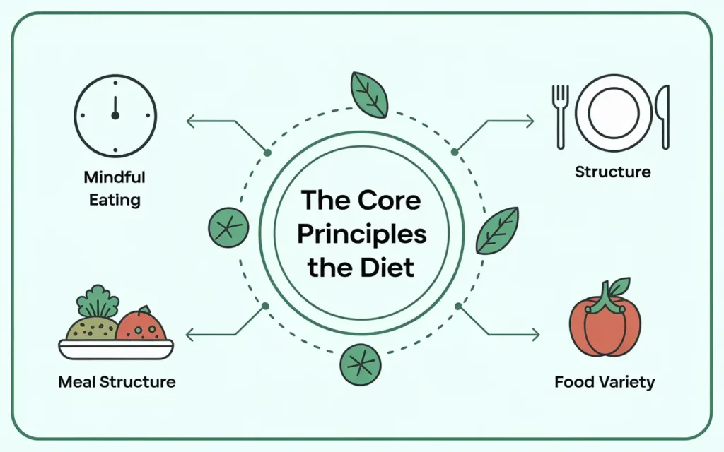 Illustrated principles of the Jordan Peterson diet with visuals of meal structure.
