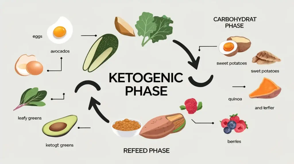 How keto cycling works explained with a phase chart and food.