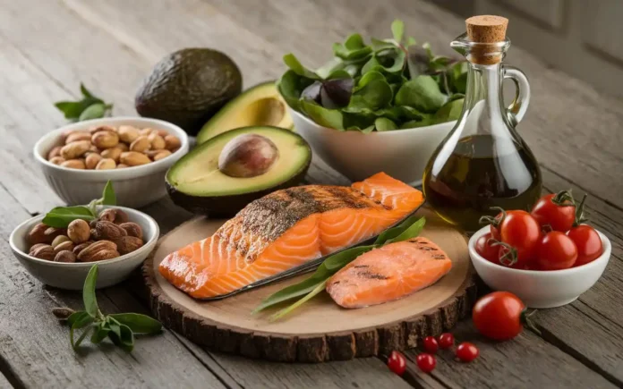 A colorful display of keto Mediterranean foods like salmon, avocados, olive oil, and fresh vegetables on a wooden table.