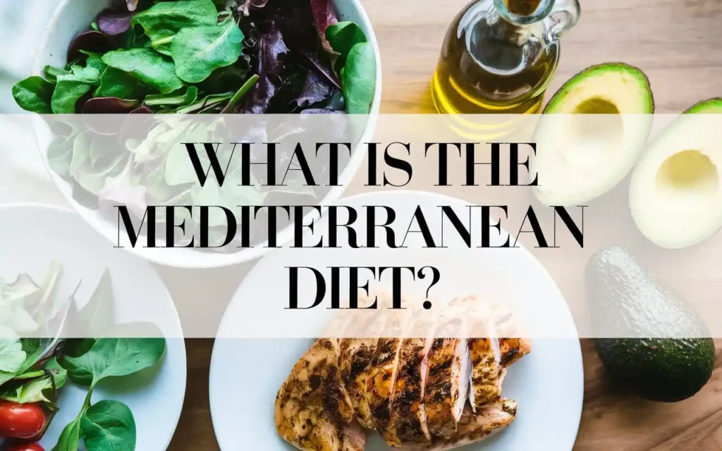 A table filled with keto Mediterranean staples and a text overlay saying "What Is the