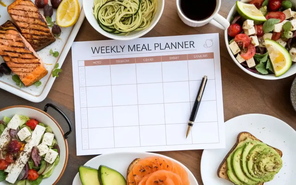 A weekly meal planner with keto Mediterranean dishes displayed in boxes.
